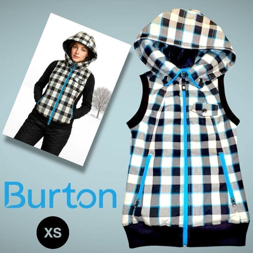 ❄️Burton Woman’s XS Blue Winter Dry Ride Full Zip Plaid Hooded Vest | Snow | ⛷️
